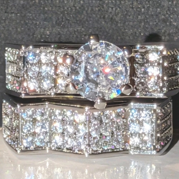 Women's 2pc Solid 925 Sterling Silver Lab Created Diamond Bridal Set SZ 9 - Picture 7 of 17